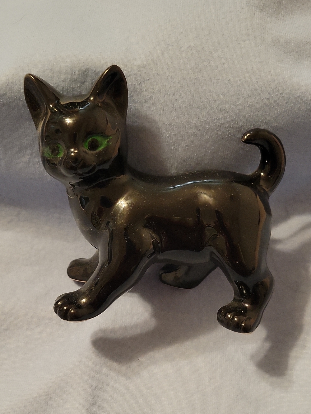 MCM Black Ceramic Cat Figurine with Green Eyes - Decorative Pets Cat Accent